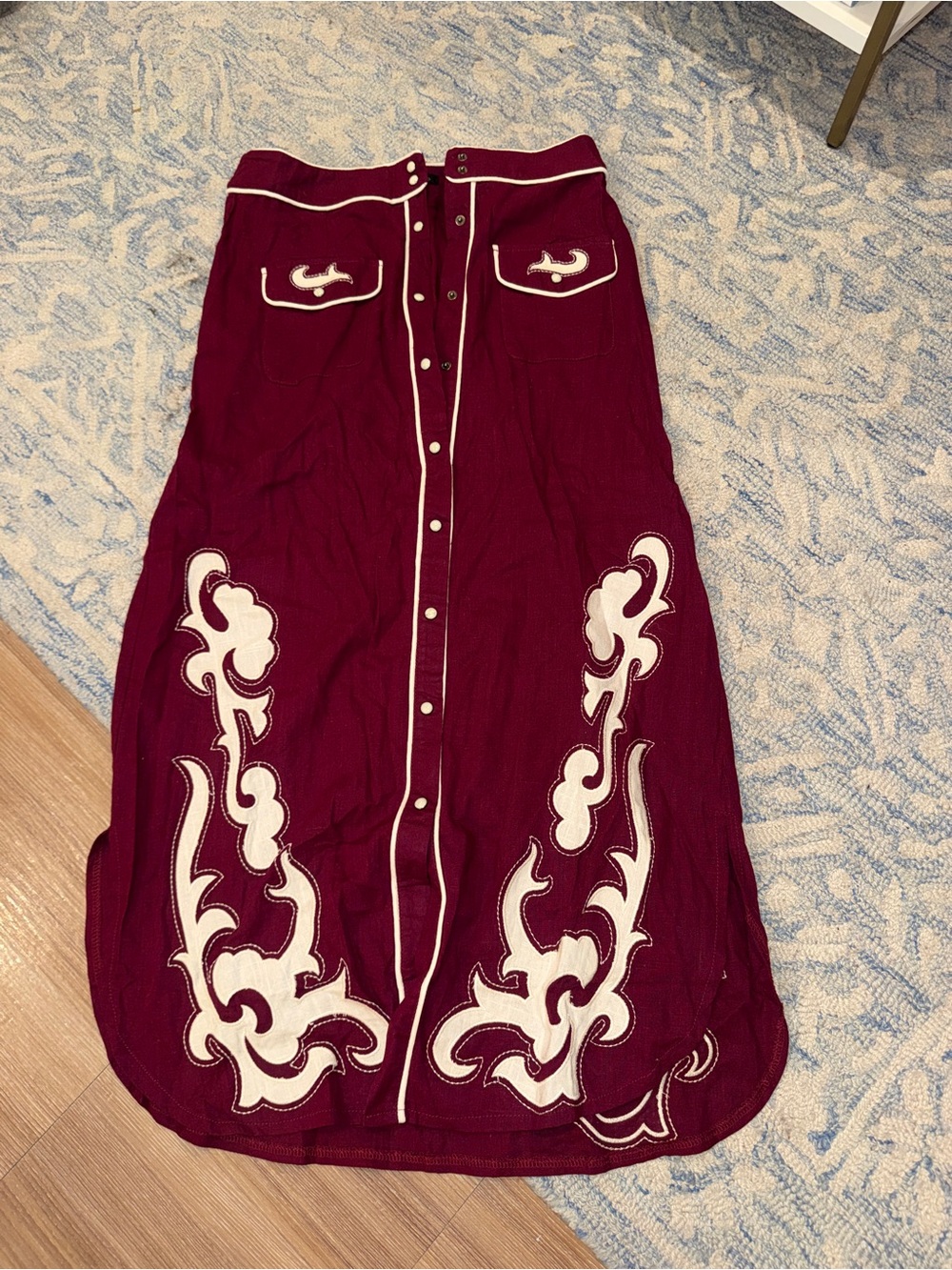 Lucky & Blessed Burgundy Maxi Skirt with Cream Embroidery